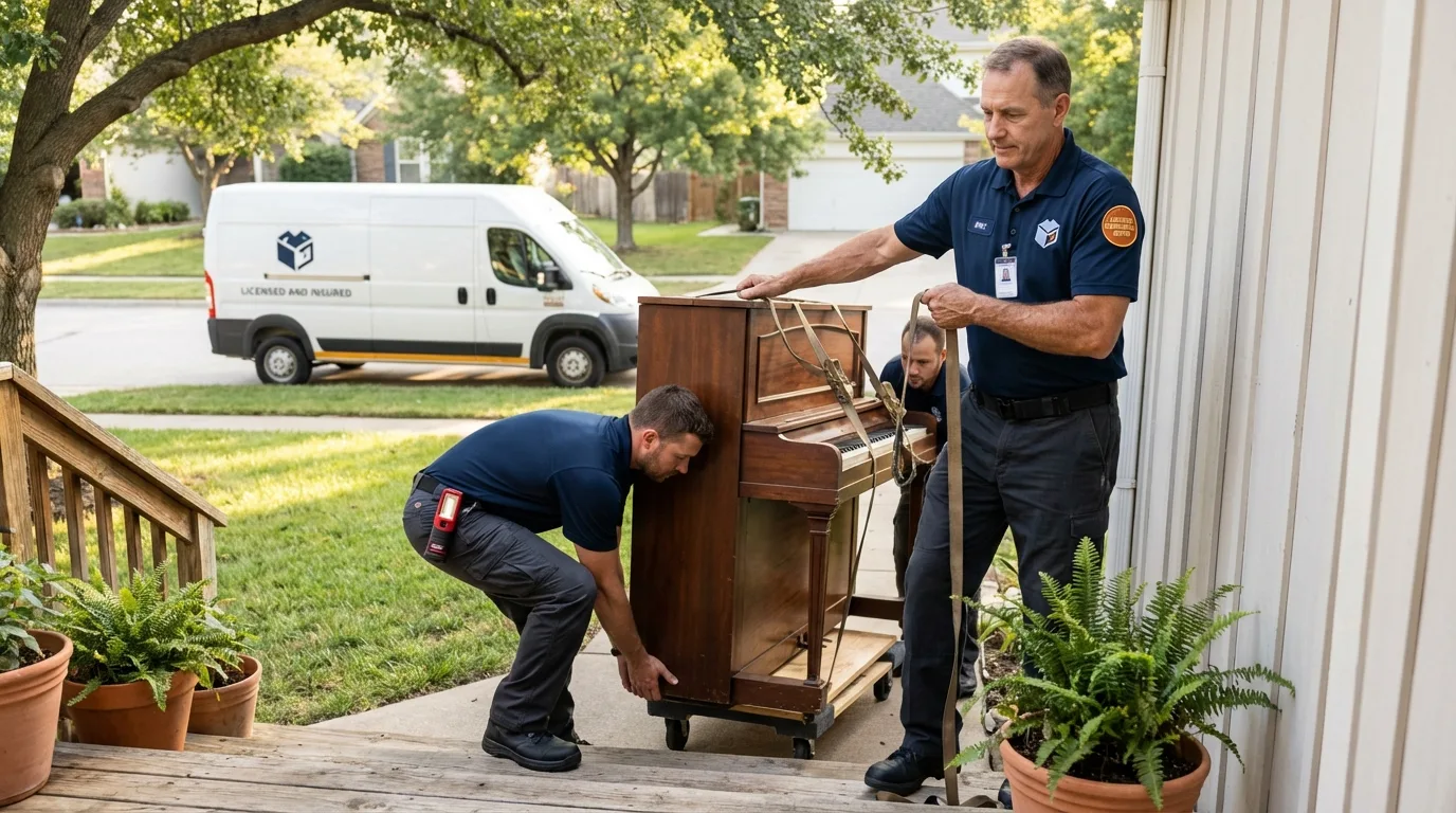 Licensed piano movers securing grand piano in Limon, CO