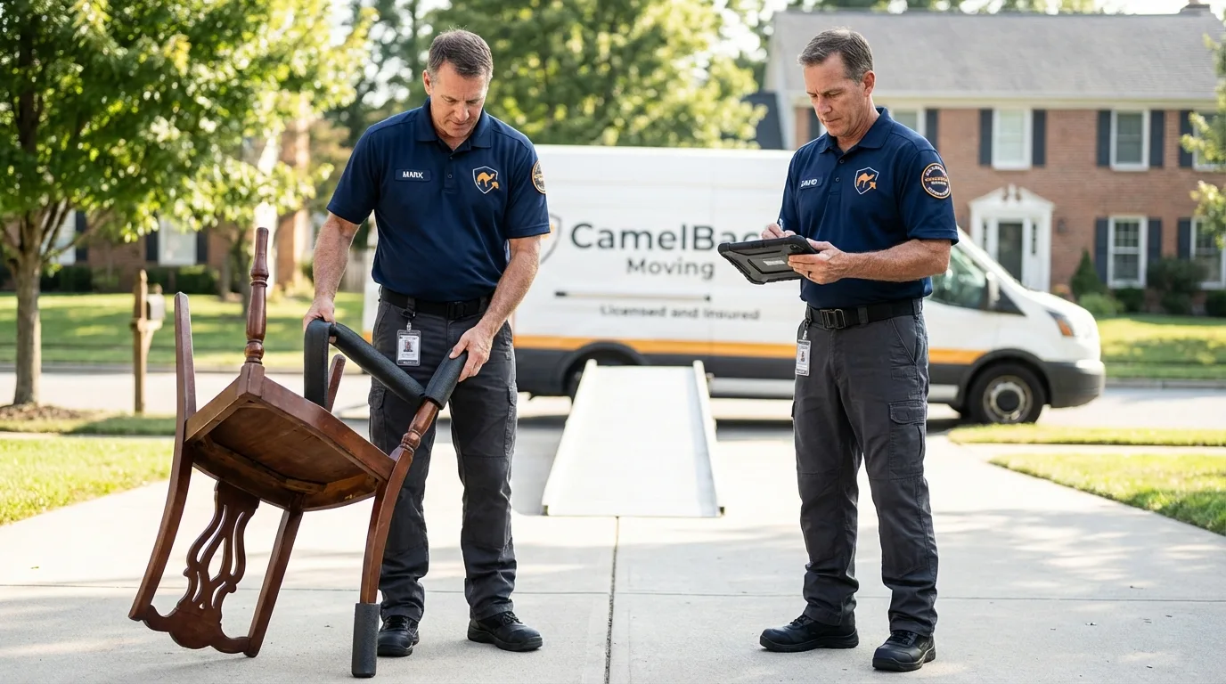 Movers inspecting furniture for damage prevention before loading in Limon, CO