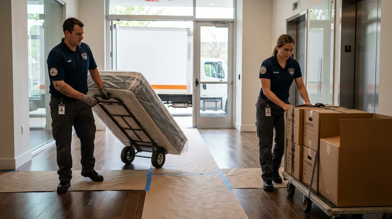 Professional apartment movers loading elevator in Limon, CO